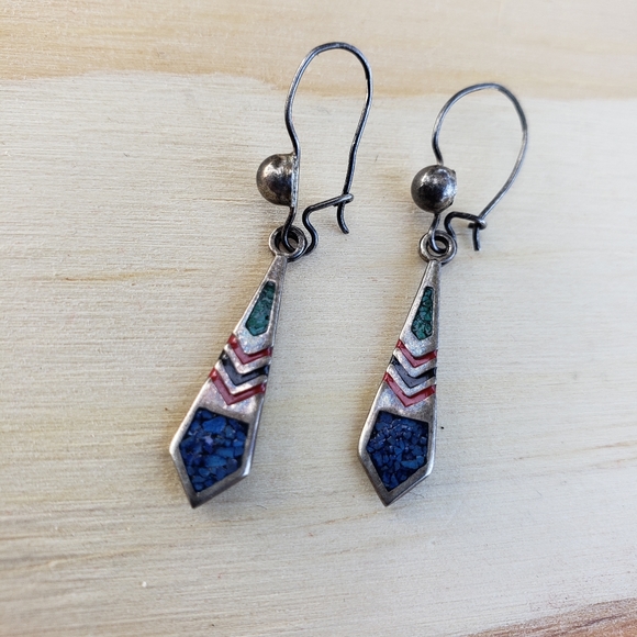 Sterling Silver Inlay Earrings Mexico - Picture 2 of 4